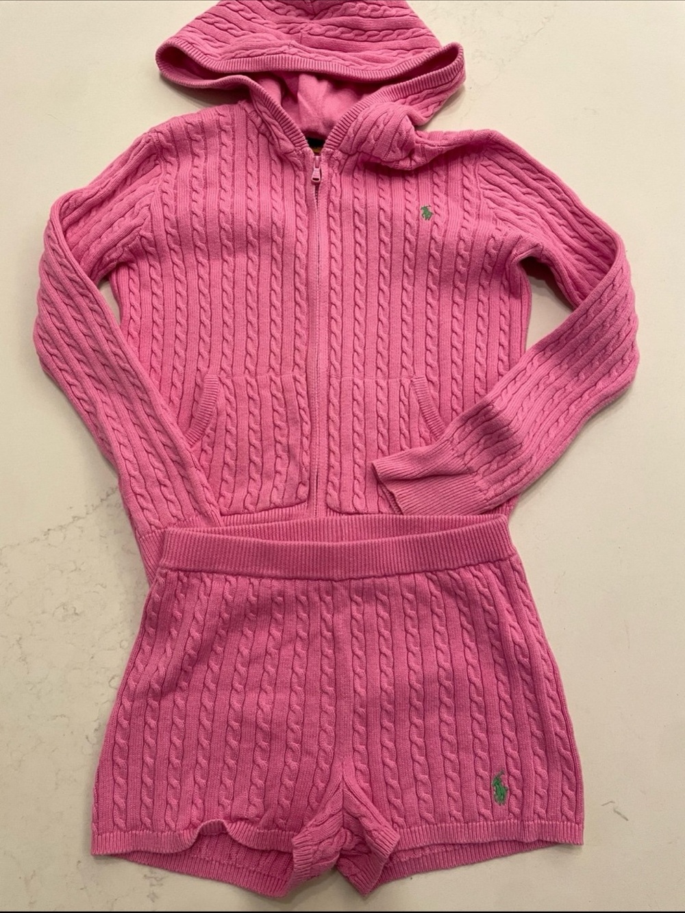 Polo Ralph Lauren Pink Cable Knit Hoodie & Shorts Set